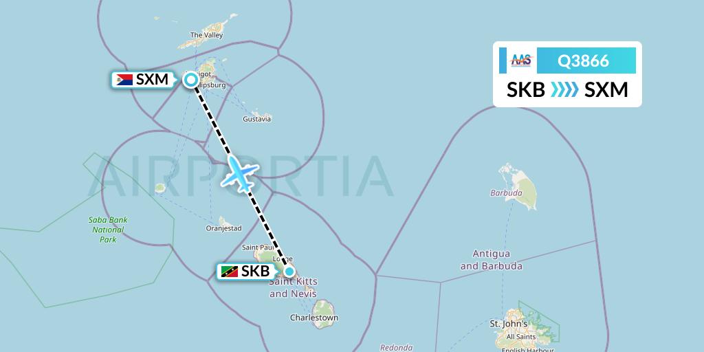 Q3866 Anguilla Air Services Flight Map: Basseterre to Sint Maarten