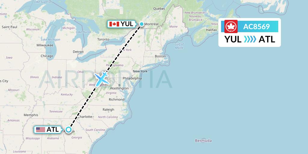 AC8569 Air Canada Flight Map: Montreal to Atlanta