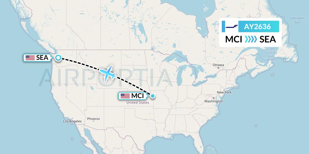 AY2636 Finnair Flight Map: Kansas City to Seattle