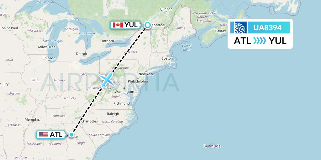 UA8394 United Airlines Flight Map: Atlanta to Montreal