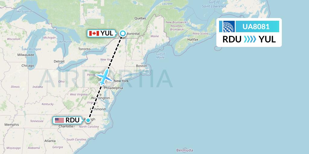 UA8081 United Airlines Flight Map: Raleigh-Durham to Montreal