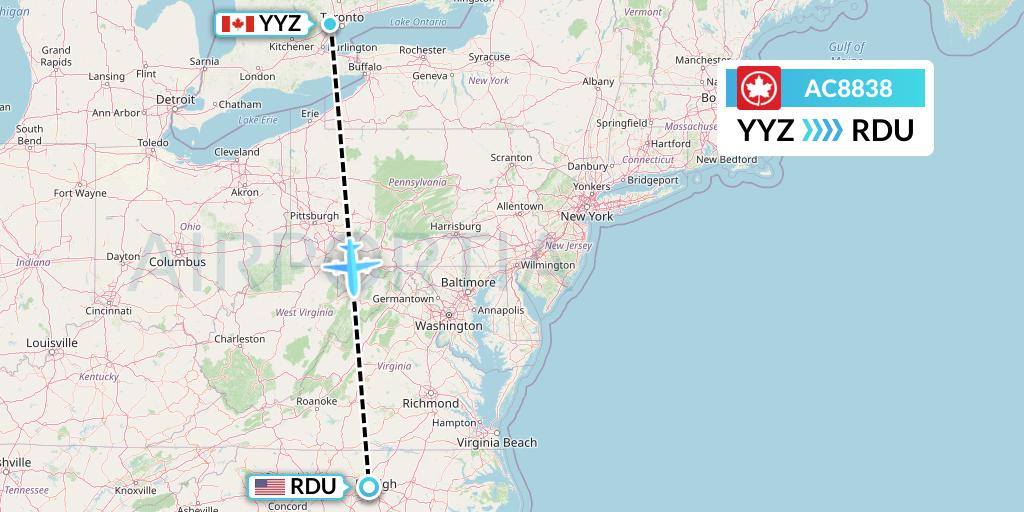 AC8838 Air Canada Flight Map: Toronto to Raleigh-Durham