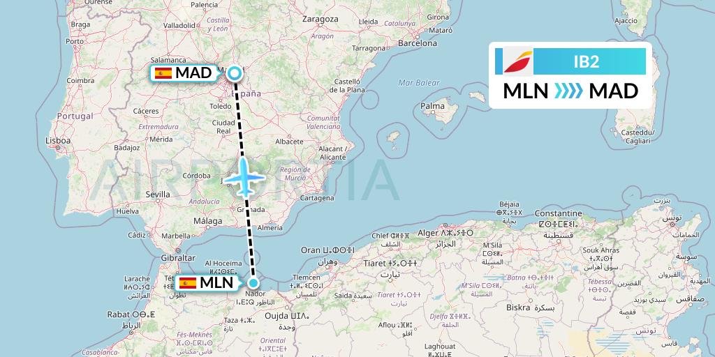 IB2 Iberia Flight Map: Melilla to Madrid