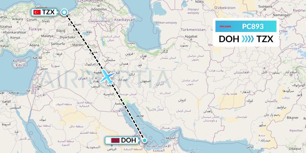 PC893 Pegasus Airlines Flight Map: Doha to Trabzon