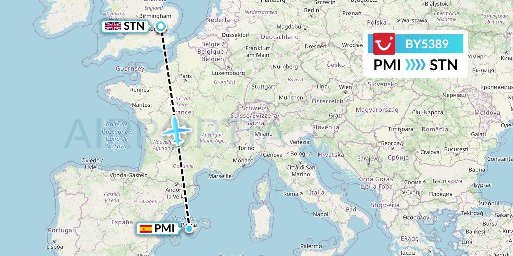 BY5389 TUI Airways Flight Map: Palma de Mallorca to London