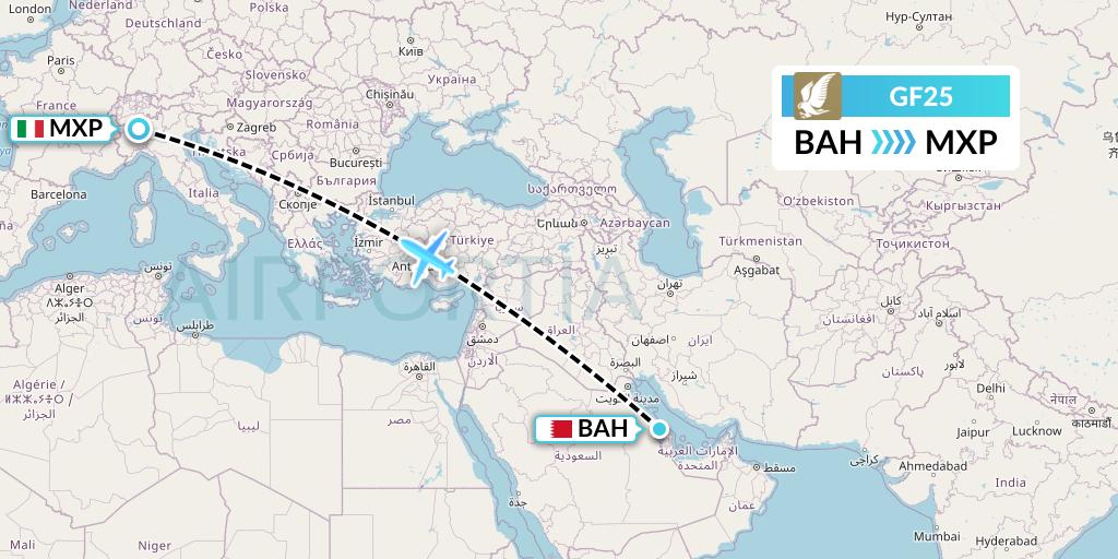 GF25 Gulf Air Flight Map: Bahrain to Milan