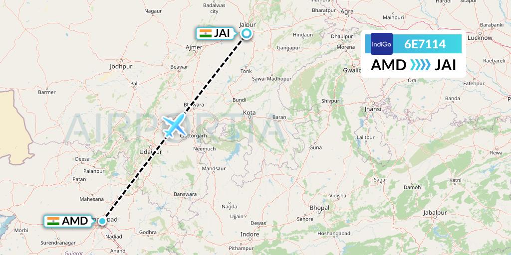 6E7114 IndiGo Airlines Flight Map: Ahmedabad to Jaipur