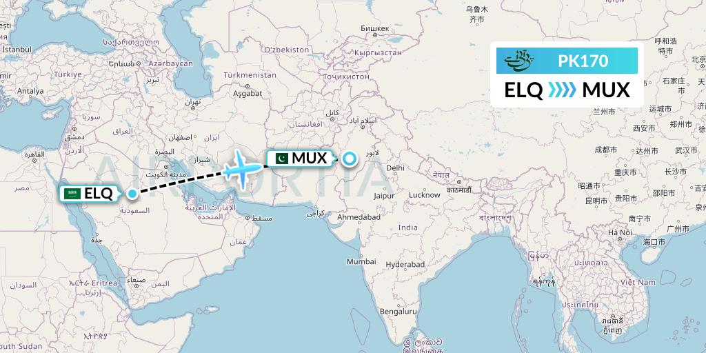 PK170 Pakistan International Airlines Flight Map: Al-Qassim to Multan