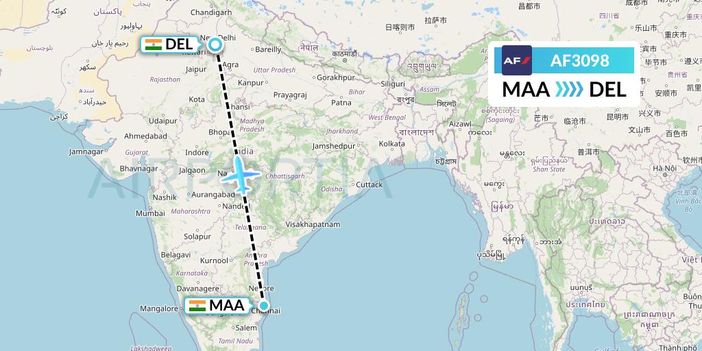AF3098 Air France Flight Map: Chennai to Delhi