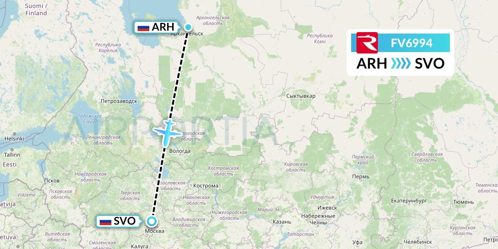 FV6994 Rossiya Flight Map: Arkhangelsk to Moscow