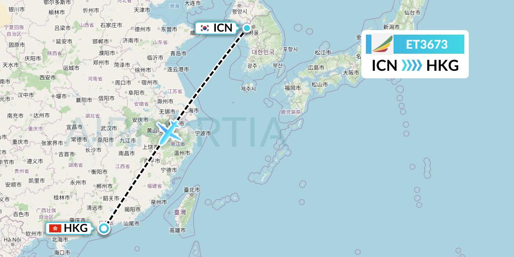 ET3673 Ethiopian Airlines Flight Map: Seoul to Hong Kong