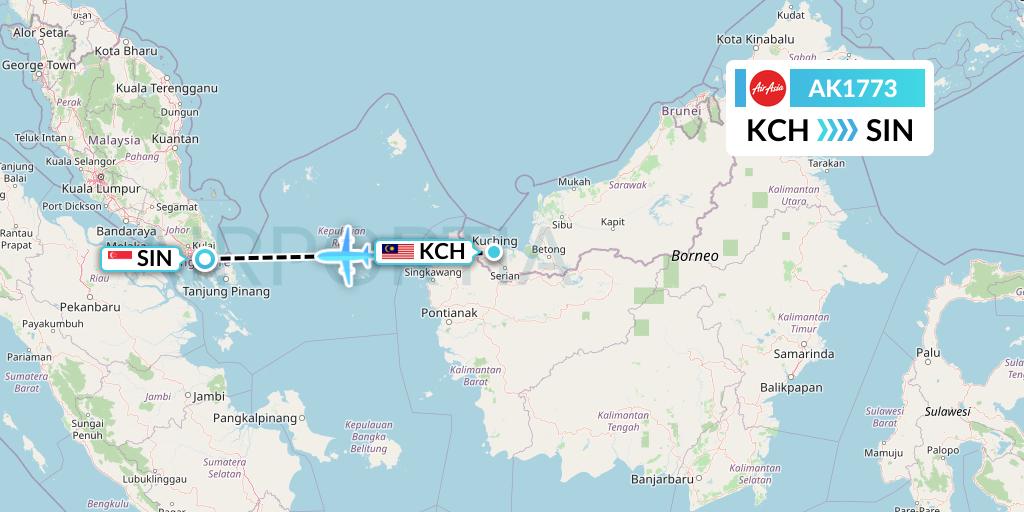 AK1773 AirAsia Flight Map: Kuching to Singapore