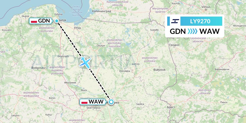 LY9270 El Al Flight Map: Gdansk to Warsaw