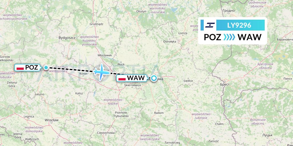 LY9296 El Al Flight Map: Poznan to Warsaw