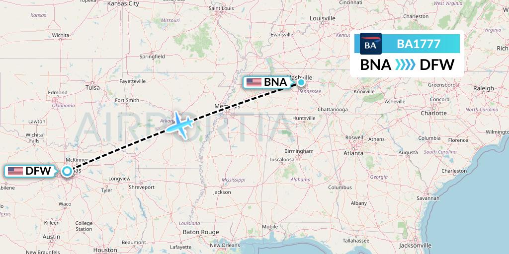 BA1777 British Airways Flight Map: Nashville to Dallas