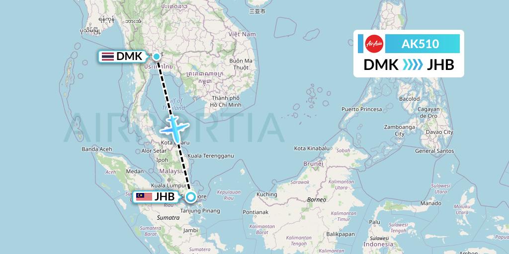 AK510 AirAsia Flight Map: Bangkok to Johor Bahru