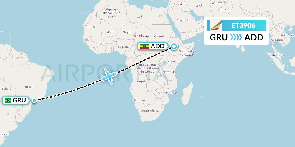 ET3906 Ethiopian Airlines Flight Map: Sao Paulo to Addis Ababa