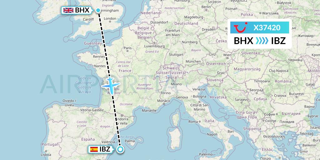 X37420 TUI fly Germany Flight Map: Birmingham to Ibiza