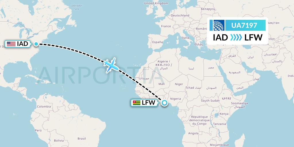 UA7197 United Airlines Flight Map: Washington to Lome