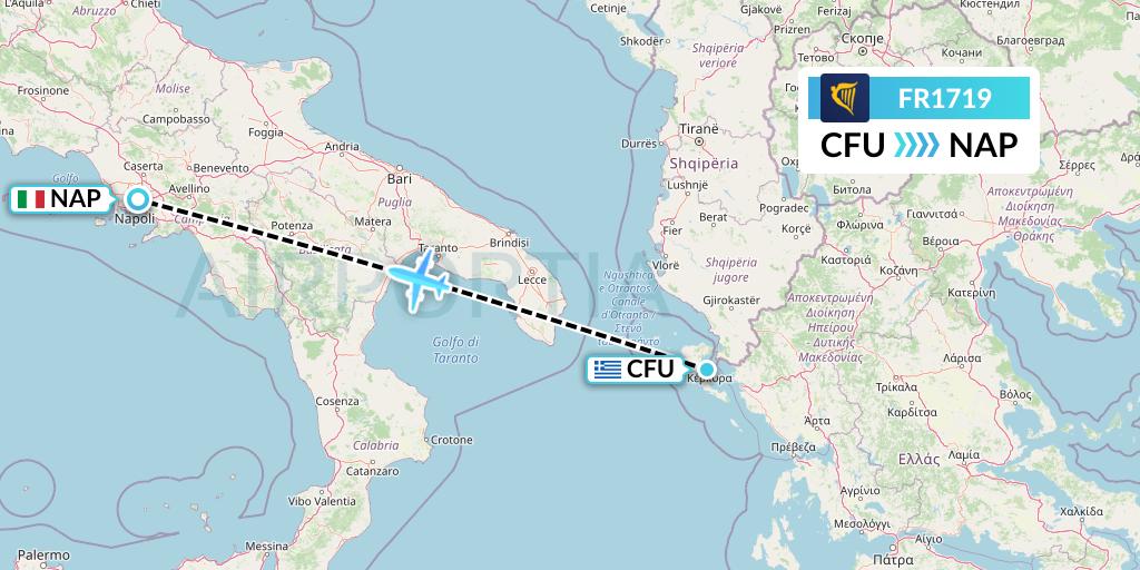 FR1719 Ryanair Flight Map: Corfu to Naples