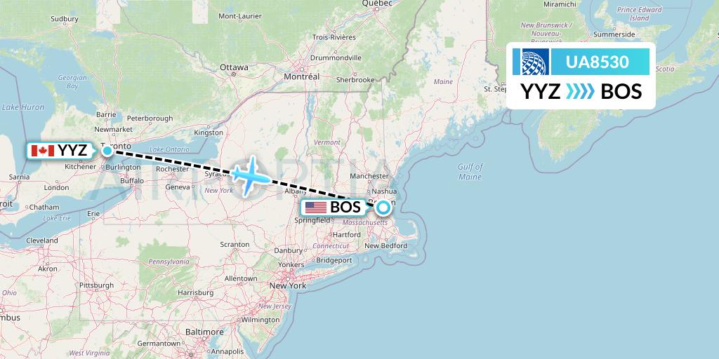 UA8530 United Airlines Flight Map: Toronto to Boston
