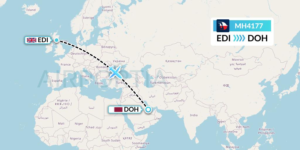 MH4177 Malaysia Airlines Flight Map: Edinburgh to Doha