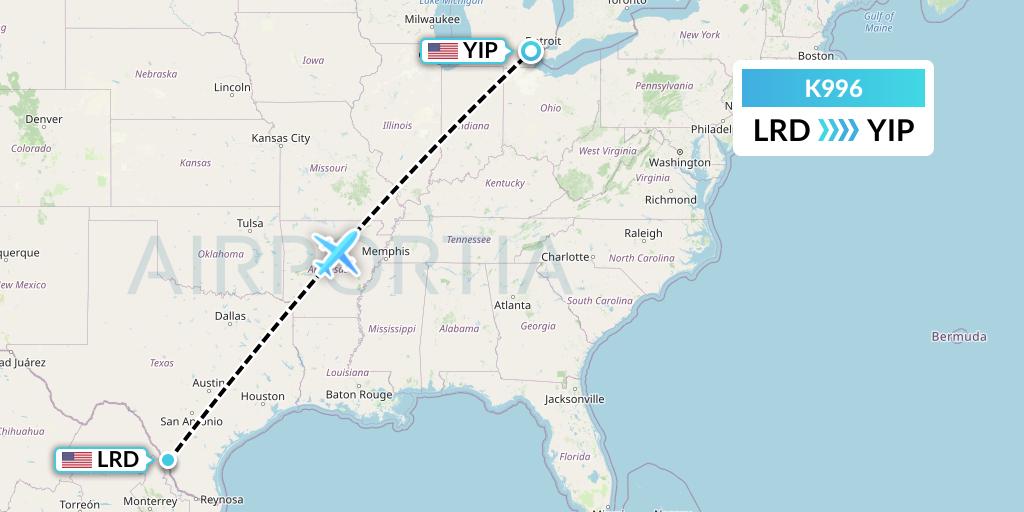 K996 Kalitta Charters Flight Map: Laredo to Detroit