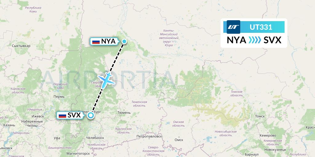 UT331 UTair Flight Map: Nyagan to Yekaterinburg