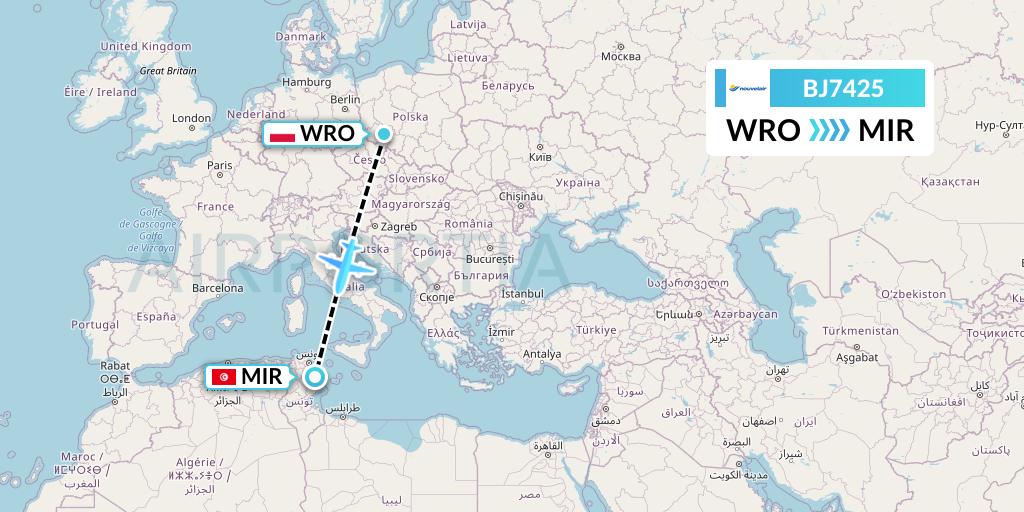 BJ7425 Nouvelair Tunisie Flight Map: Wroclaw to Monastir