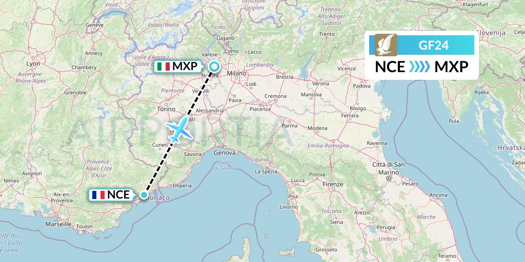 GF24 Gulf Air Flight Map: Nice to Milan
