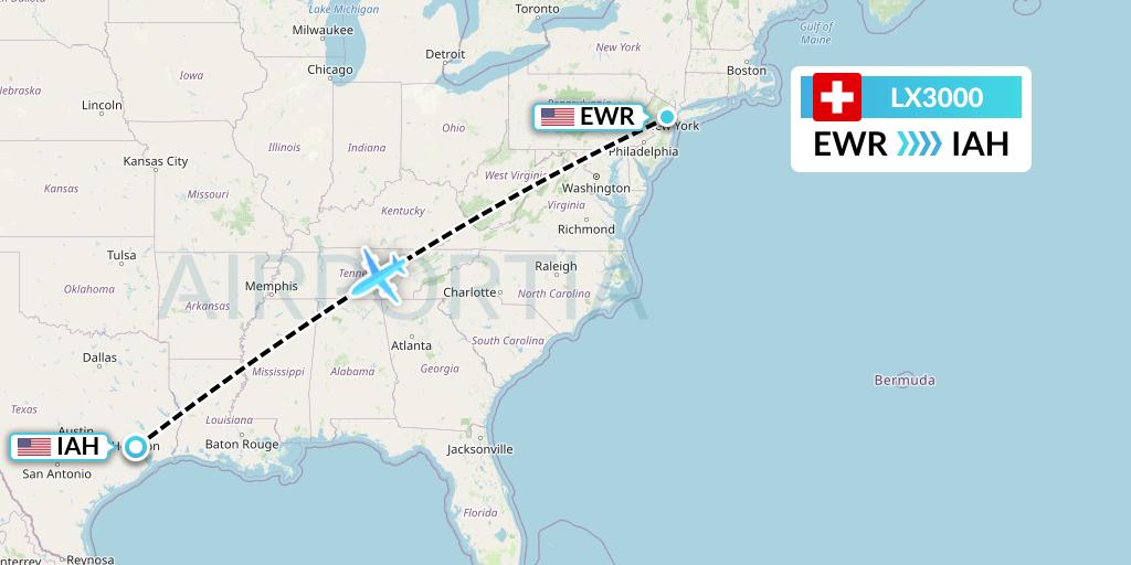 LX3000 Swiss Flight Map: New York to Houston