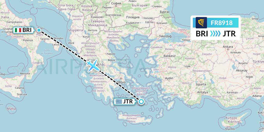 FR8918 Ryanair Flight Map: Bari to Santorini