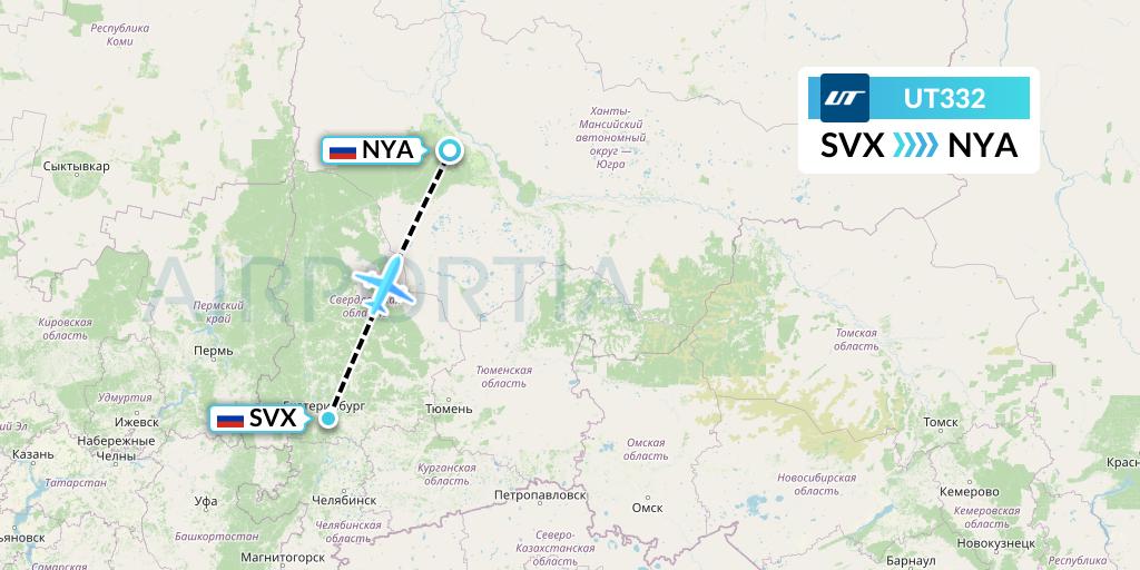 UT332 UTair Flight Map: Yekaterinburg to Nyagan