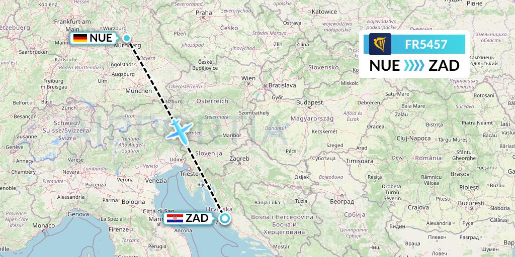 FR5457 Ryanair Flight Map: Nurnberg to Zadar
