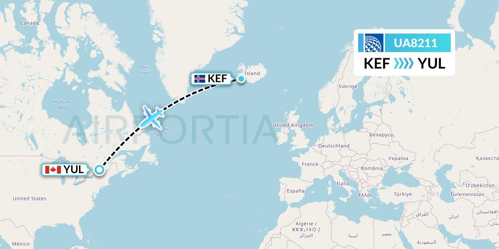 UA8211 United Airlines Flight Map: Reykjavik to Montreal