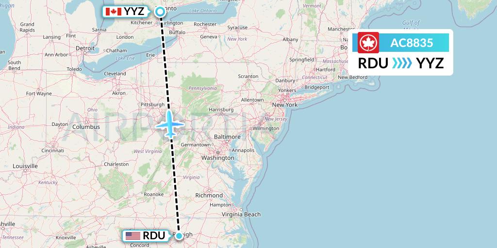 AC8835 Air Canada Flight Map: Raleigh-Durham to Toronto