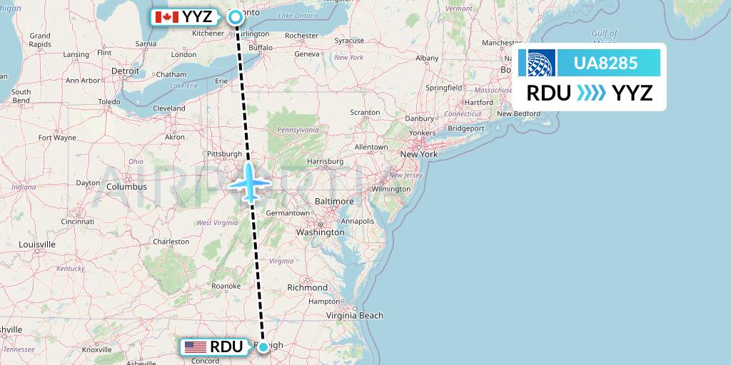 UA8285 United Airlines Flight Map: Raleigh-Durham to Toronto