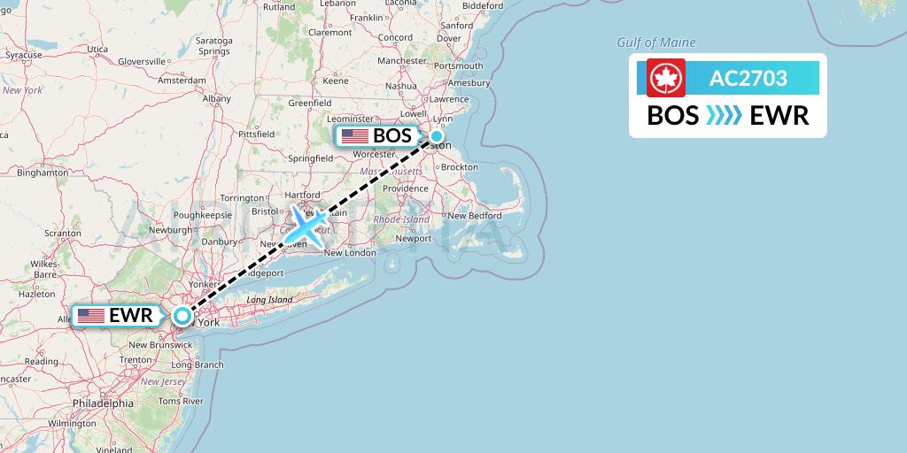 AC2703 Air Canada Flight Map: Boston to New York
