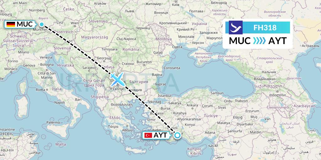 FH318 Freebird Airlines Flight Map: Munich to Antalya
