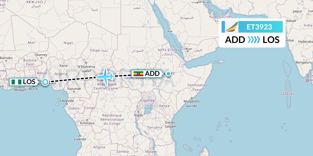 ET3923 Ethiopian Airlines Flight Map: Addis Ababa to Lagos