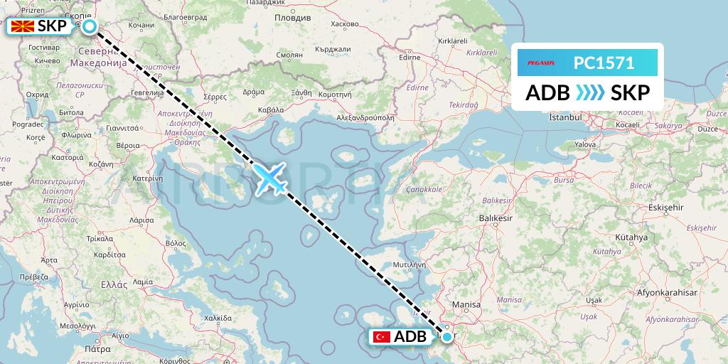 PC1571 Pegasus Airlines Flight Map: Izmir to Skopje
