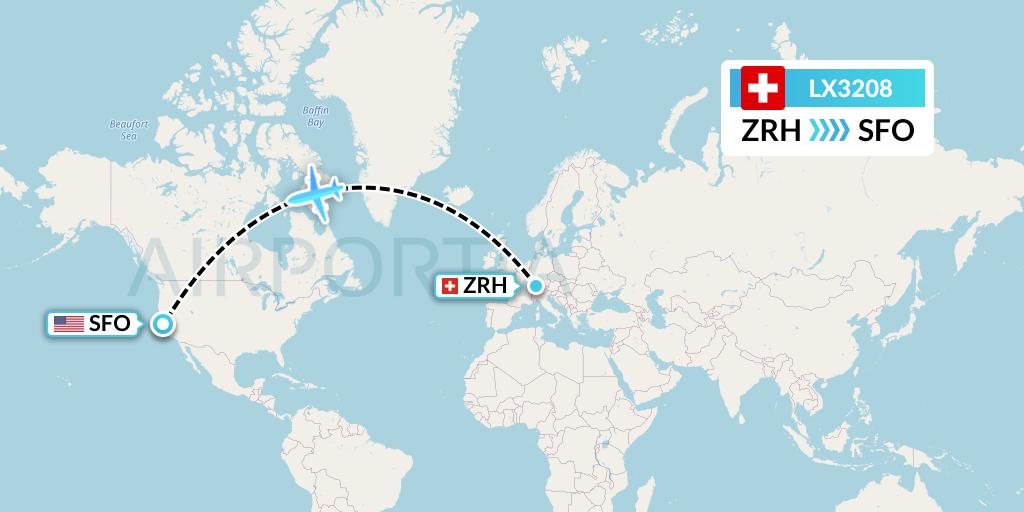 LX3208 Swiss Flight Map: Zurich to San Francisco