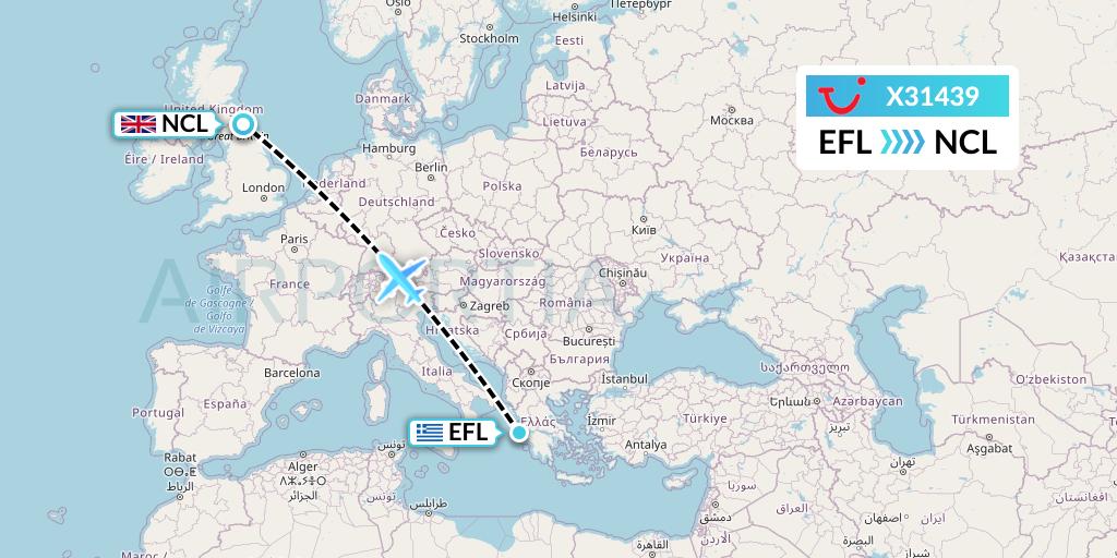 X31439 TUI fly Germany Flight Map: Kefalonia to Newcastle