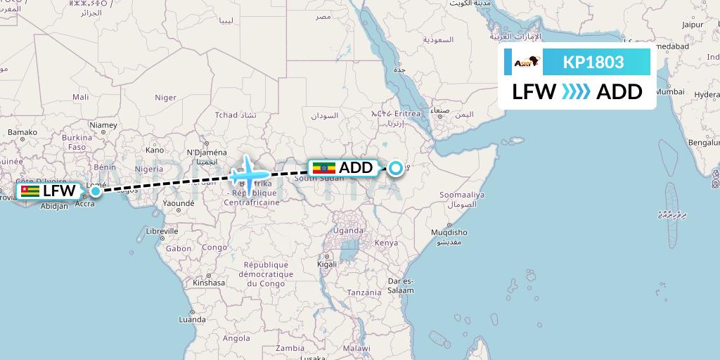 KP1803 ASKY Flight Map: Lome to Addis Ababa