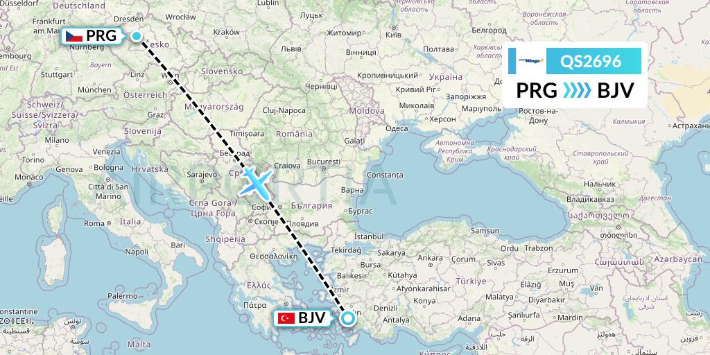 QS2696 Smartwings Flight Map: Prague to Bodrum