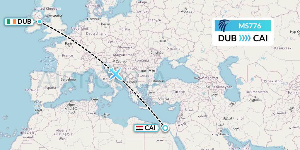 MS776 EgyptAir Flight Map: Dublin to Cairo