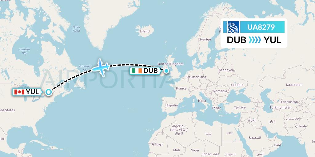 UA8279 United Airlines Flight Map: Dublin to Montreal