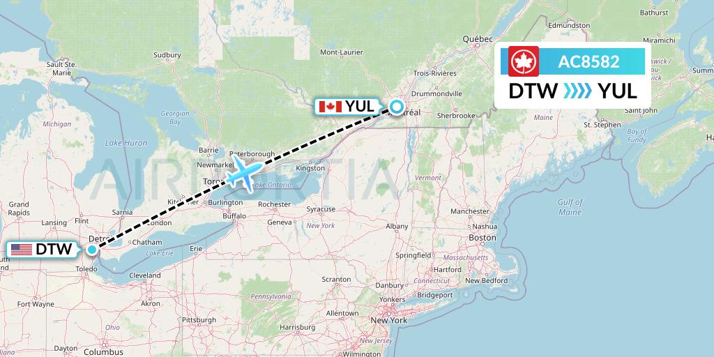 AC8582 Air Canada Flight Map: Detroit to Montreal