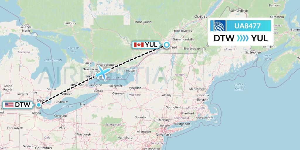 UA8477 United Airlines Flight Map: Detroit to Montreal