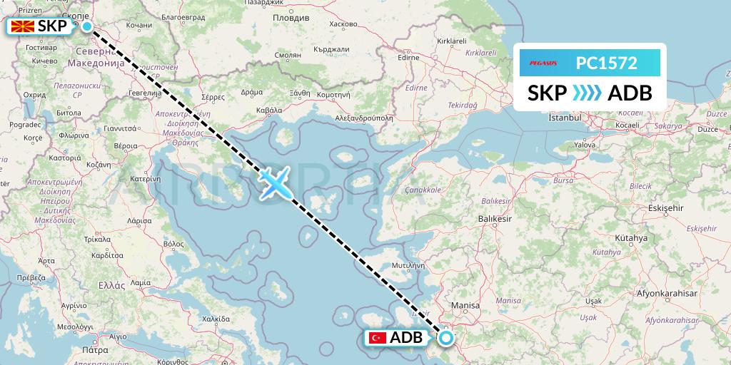 PC1572 Pegasus Airlines Flight Map: Skopje to Izmir